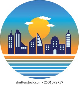 Puesta del sol en el Vector de la ciudad moderna, Puesta del sol en la ciudad hermosa, rascacielos, ilustración del Arte vectorial de la puesta del sol, puesta del sol detrás de los edificios.