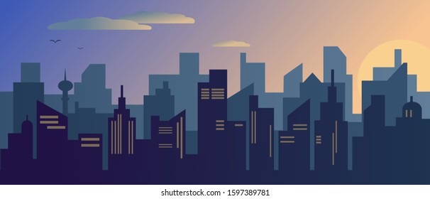 Sunset in modern city. Vector illustration.