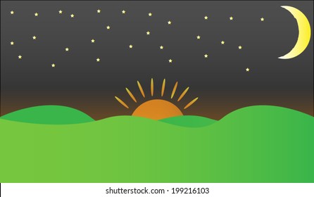 Sunset with moon and stars