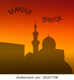 sunset mosque. landscape with beautiful mosques and minarets. Place your text. Ramadan Kareem. Vector illustration eps 10