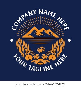 Sunset Mountain Beach Ocean Sea Reef Snail and Fish Badge Emblem Label for Aquarium Illustration Vector