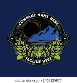 Sunset Mountain Beach Ocean Sea Reef Snail and Fish Badge Emblem Label for Aquarium Illustration Vector