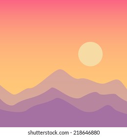 Sunset mountain chain silhouette in evening sun shining