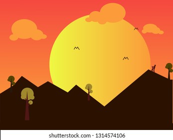 Sunset in the mountain forest illustration. Nature concept artwork Background Template