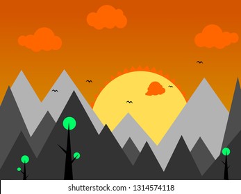Sunset in the mountain forest illustration. Nature concept artwork Background Template