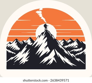 Sunset Mountain Hiker Silhouette Illustration. Retro Minimalist Adventure Design with Bold Peaks, Sunrise Horizon, Outdoor Trekking Scene, Vintage Travel Badge Style. Nature Expedition, Hiking Poster