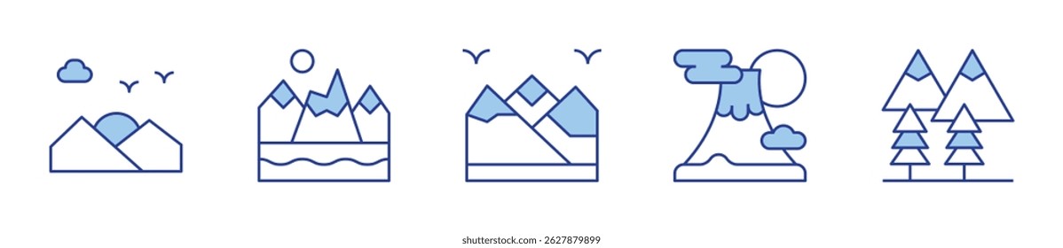 sunset, mountain. Mountain Icon vector illustration. Line Duotone style. Editable stroke.