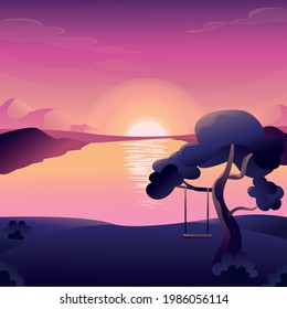 sunset, mountain lake, flat vector illustration of evening sky, mountains with sunlight, camping, summer evening, stars in the night sky