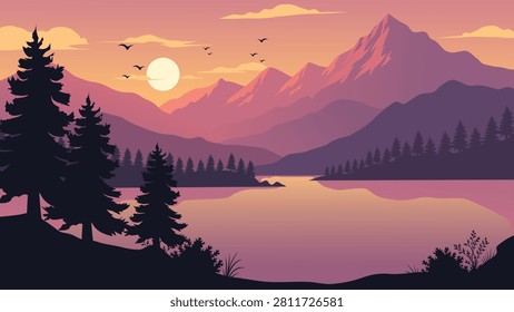 Sunset Mountain Lake Flat Vector Landscape Banner With Pine Trees And Soft Purple Sunrise Sky