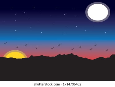 Sunset and in a mountain landscape