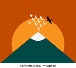 Sunset with mountain landscape and birds, vector, graphic illustrator 