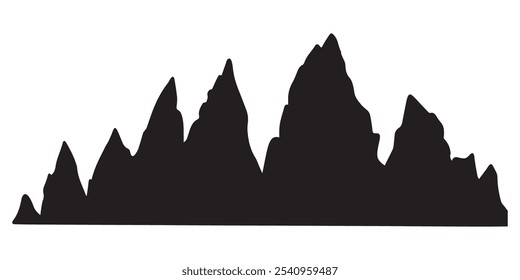 Sunset mountain landscape. Mountains silhouettes. Vector mountain hiking background. Collection of different mountain icons art in flat style. Mountain range landscape. Rocks, mountains and hills set