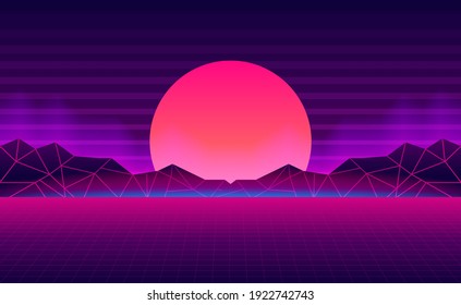 sunset with mountain landscape retro background with pink and purple neon glow color for pop culture, retro 80s technology