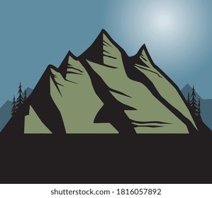 Sunset in mountain landscape, vector illustration