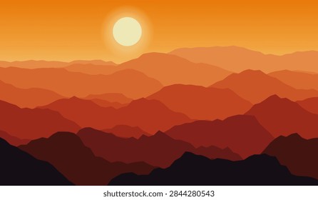 Sunset Mountain Landscape Vector Illustration with Layered Ridges and Sun