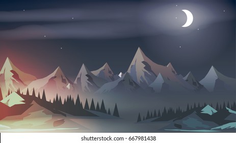 Sunset with Mountain Peaks, Pine Forest and Moon Rise - Vector Illustration