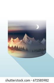 Sunset with Mountain Peaks, Pine Forest and Moon Rise, Slice of Land Isolated  - Vector Illustration