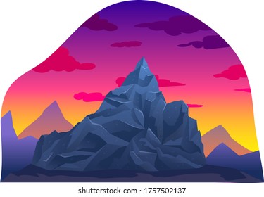 Sunset mountain range natural landscapes, volcanic rock mountain background isolated on white, cartoon vector illustration. Sunrise alpine place, wild area margin. Concept eco clean earth location.