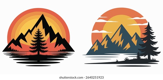 Sunset Mountain Scene with Pine Tree Nature Vector Design. Vintage Wilderness Landscape for Outdoor Hiking Adventure Shirt. Vintage Mountain Sunset Nature T-Shirt Design.