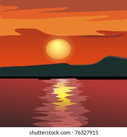Sunset and mountain silhouette from the sea. Vector illustration.