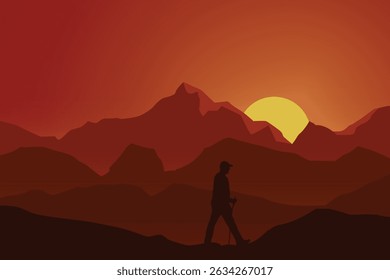 Sunset Mountain Trekking Scene with Silhouetted Hiker, Glowing Sun, Rugged Peaks, and Warm Orange Sky. Serene Wilderness Travel and Nature Adventure Background Illustration.