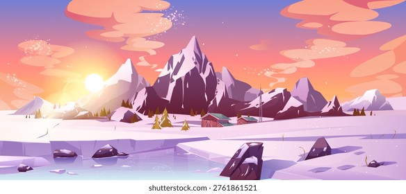 Sunset mountain vector landscape with winter background and glowing sky. Cartoon snow covered peaks, trees and river in serene nature scene. Stunning sunset illustration with pink horizon and clouds.