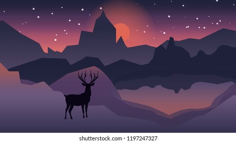 Sunset mountainous landscape with an elk as a main subject