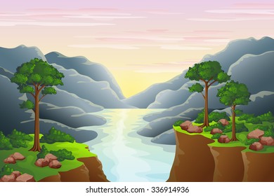Sunset in the mountains above the river