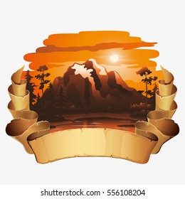 Sunset in the mountains.
Banner with the mountain landscape. Illustration vector.