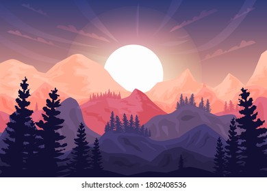 Sunset in the mountains, beautiful landscape, big sun, forest silhouette. Can be used as background and wallpaper.