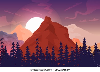 Sunset in the mountains, beautiful landscape, big sun, forest silhouette. Can be used as background and wallpaper.