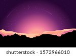 Sunset in the mountains, beautiful landscape, mountains silhouette. Mountain valley, shooting stars, starry sky. Can be used as background and wallpaper. Place for text. Copy space. Vector