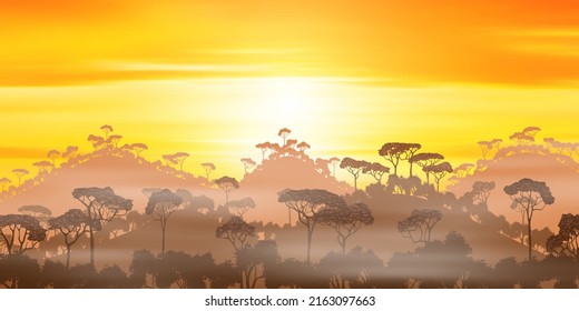 Atardecer en las montañas cubiertas de bosque tropical, viajes de verano