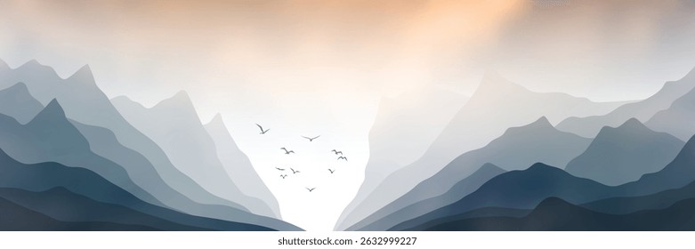 Sunset in the mountains, dramatic sky, Norwegian fjord, panoramic view, vector illustration