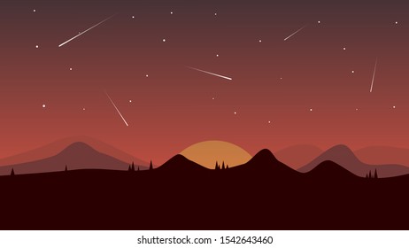 Sunset in the mountains with falling stars.