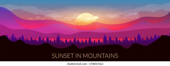 Sunset in mountains flat color vector banner template. Coniferous forest. Woodland on horizon. Wild nature. Fir trees and hills 2D cartoon landscape with sun and sky on background