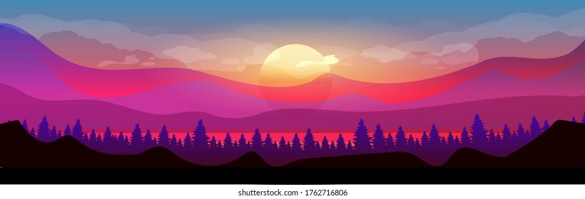 Sunset in mountains flat color vector illustration. Coniferous forest. Woodland on horizon. Wild nature. Fir trees and hills 2D cartoon landscape with sun and clouds in purple sky on background