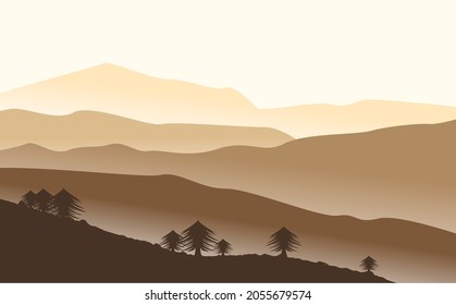 Montañas de atardecer con iluminación vectorial de niebla