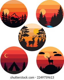 Sunset mountains and forest retro design set, vintage sunset in 80s style, mountains, forest, river, deer, SVG Vector svg