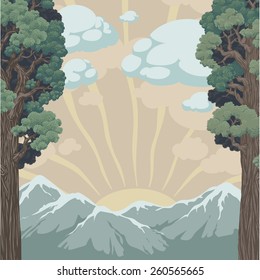 Sunset in the mountains. Hand drawn illustration. Ukraine