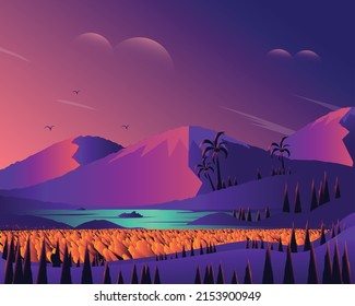 Sunset at mountains illustrations beautiful landscape flat vector concept landscape illustration with mountains, lake, garden, sun, birds, and clouds in the sky.