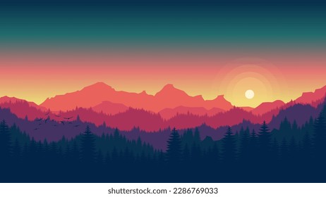 Fondo paisajístico de las montañas al atardecer, cielo de gradación colorido, fondo montañoso plano