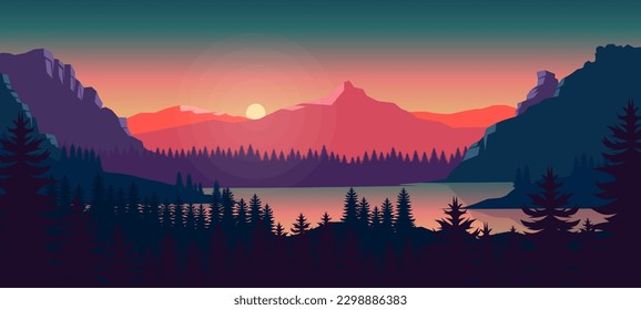 Sunset mountains landscape background, colorful gradation sky, flat mountain background