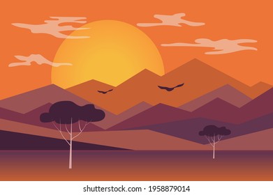 Sunset in mountains landscape background in flat style. Setting sun is shining over mountain peaks and hills, birds flying, trees in desert area. Nature scenery. Vector illustration of web banner