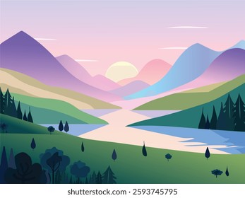 Sunset in mountains landscape illustration