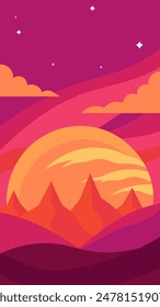 A sunset with mountains and a large sun in the background