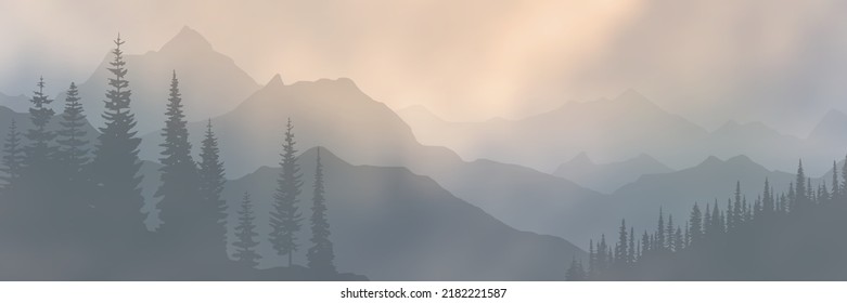 Sunset in the mountains, panoramic view, gloomy weather, vector illustration