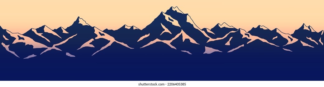 Sunset in the mountains, panoramic view, vector illustration