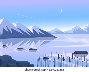 Sunset in the mountains with reflection in the lake. Flat design. Vector illustration.