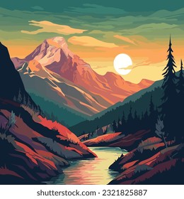 Sunset in the mountains and river landscape scene